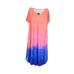 Ziloremo Ombre Colorful Short Sleeve Dress w Pockets Peach Blue, Plus XXL